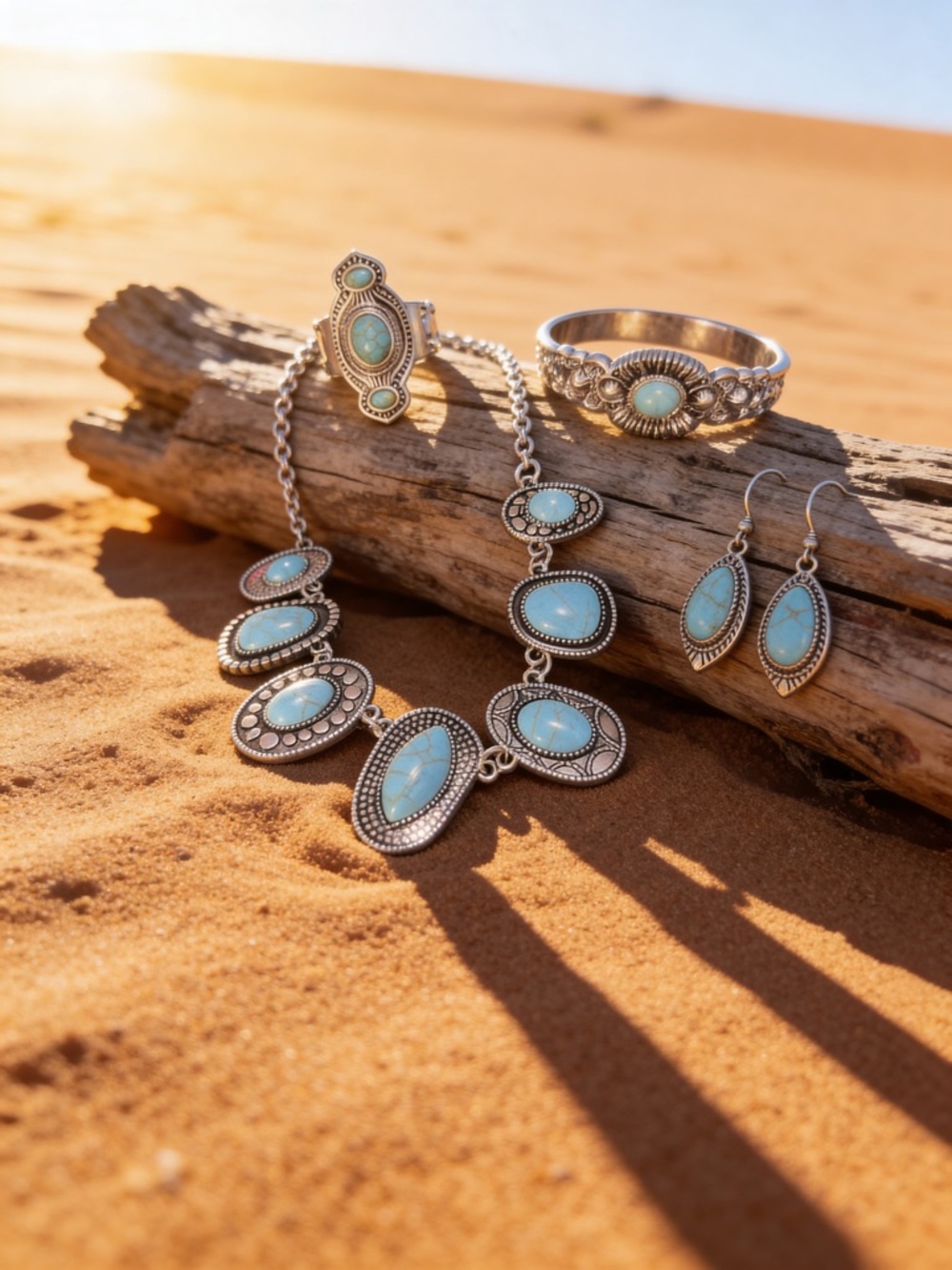 Faux Turquoise Stone Silver-Tone Necklace, Bracelet & Earring Set
